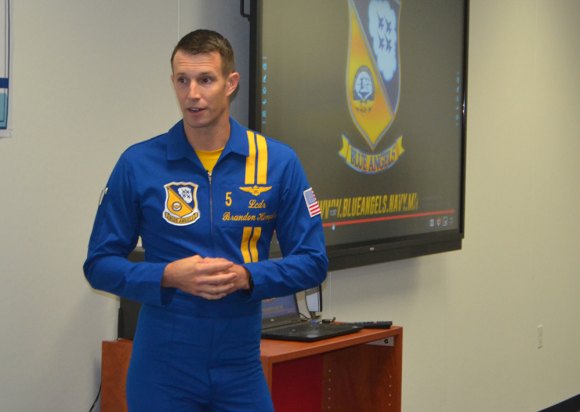 Lt. Cmdr. Brandon Hempler made an early-morning visit to Lemoore's Liberty Middle School to talk up the NAS Lemoore Air Show Saturday and Sunday. 